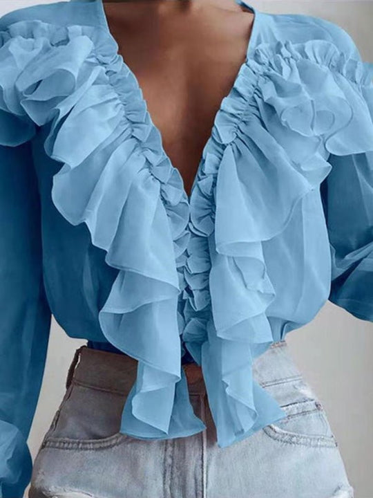 Heidi-Mode | Damenblusen Rüschenter V-Ausschnitt Chiffon Langärmlige Bluse