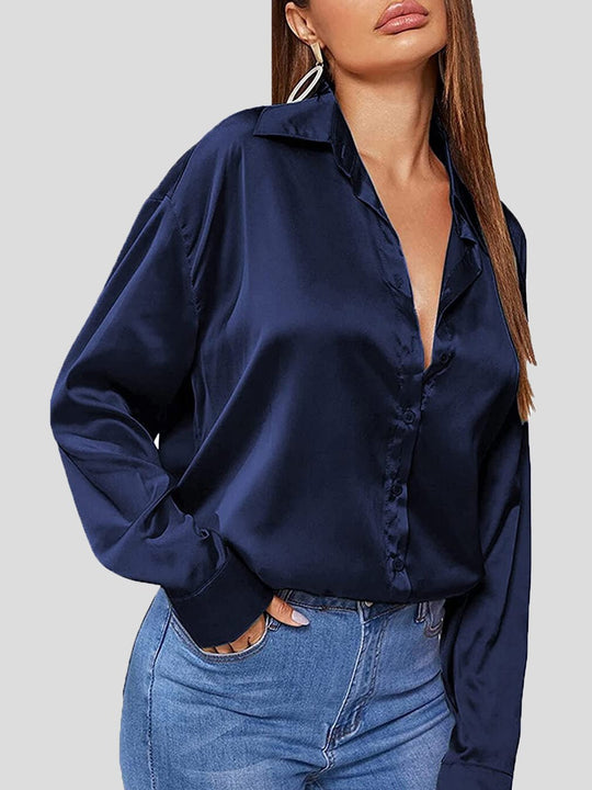 Heidi-Mode | Damen Blusen Einfarbig Satin Polo Hals Langarm Bluse