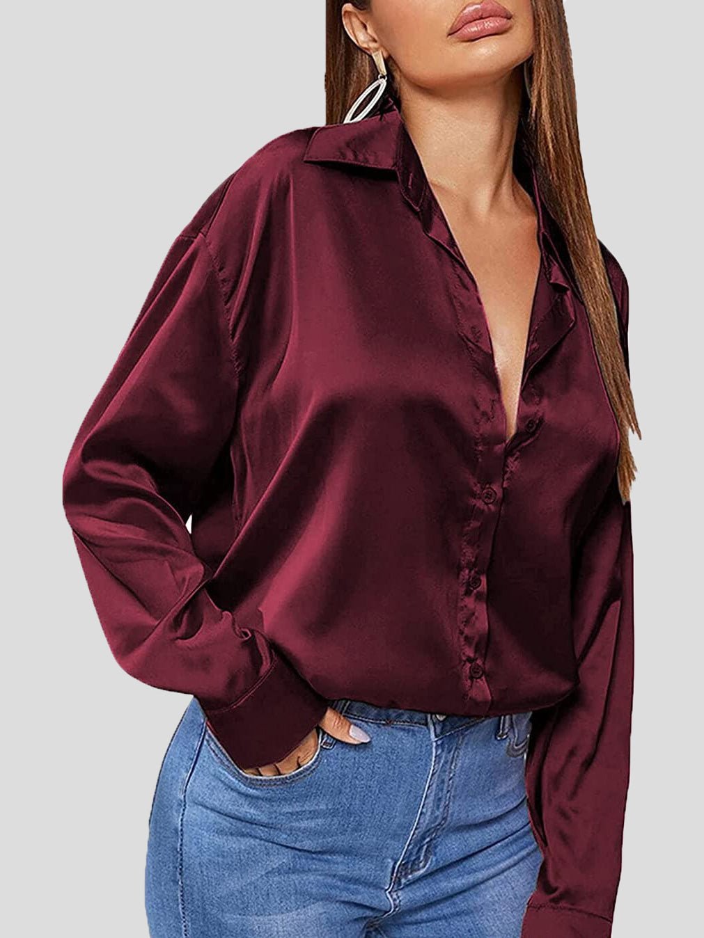 Heidi-Mode | Damen Blusen Einfarbig Satin Polo Hals Langarm Bluse