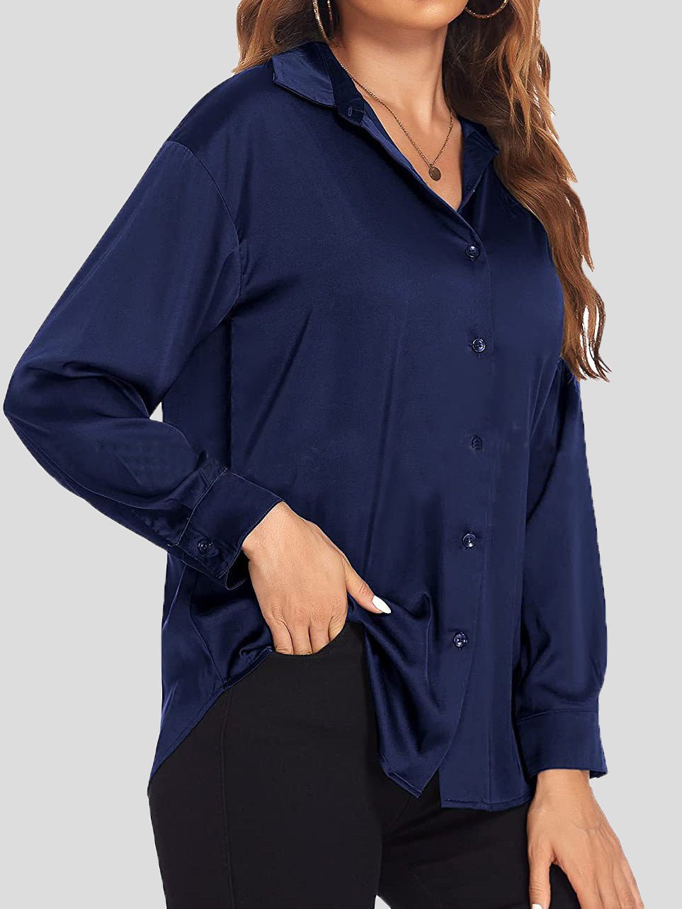 Heidi-Mode | Damen Blusen Einfarbig Satin Polo Hals Langarm Bluse