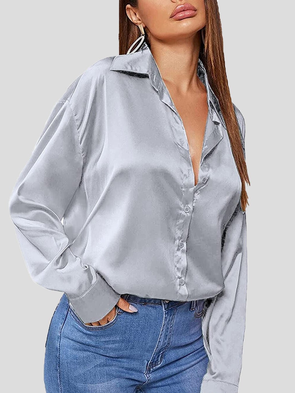Heidi-Mode | Damen Blusen Einfarbig Satin Polo Hals Langarm Bluse