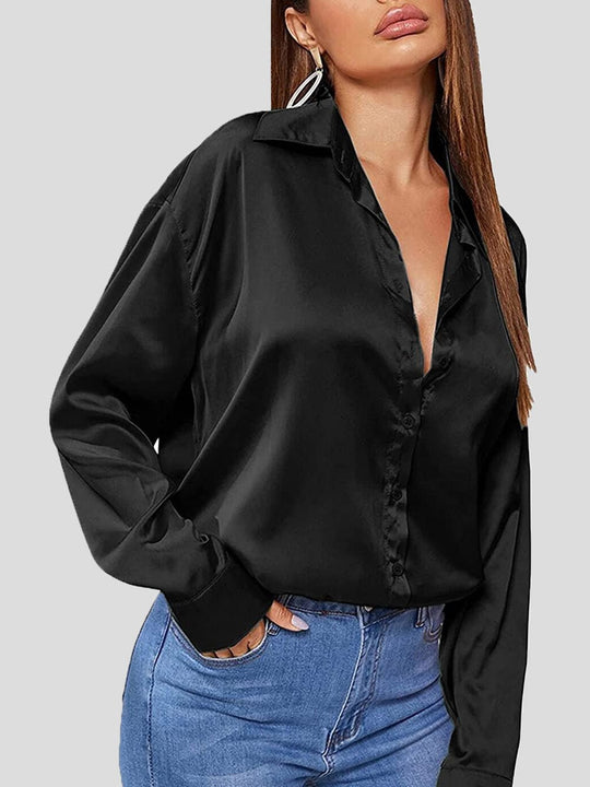 Heidi-Mode | Damen Blusen Einfarbig Satin Polo Hals Langarm Bluse