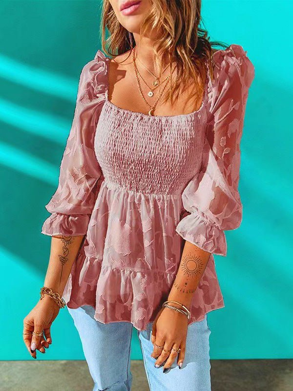 Heidi-Mode | Damen Blusen Quadratischer Ausschnitt Lange Ärmel Volant Chiffon Bluse