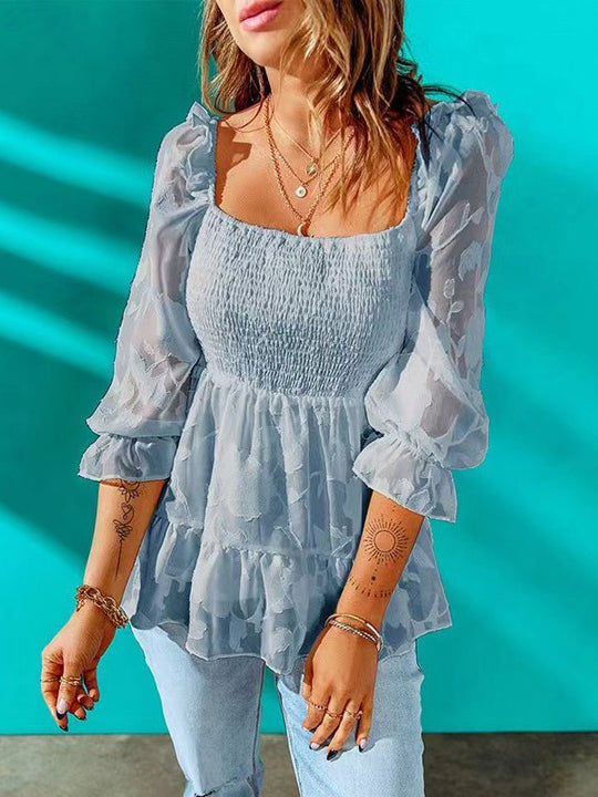 Heidi-Mode | Damen Blusen Quadratischer Ausschnitt Lange Ärmel Volant Chiffon Bluse