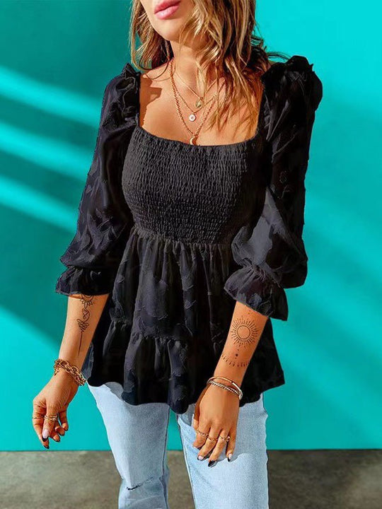 Heidi-Mode | Damen Blusen Quadratischer Ausschnitt Lange Ärmel Volant Chiffon Bluse