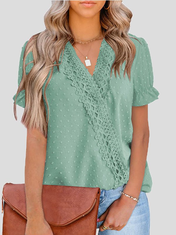 Heidi-Mode | Damen Blusen V-Ausschnitt Jacquard Punkt Spitze Kurzarm Bluse