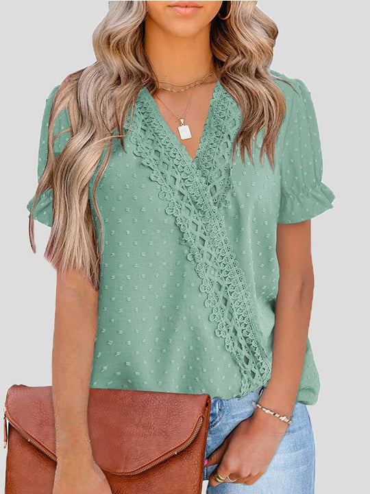 Heidi-Mode | Damen Blusen V-Ausschnitt Jacquard Punkt Spitze Kurzarm Bluse