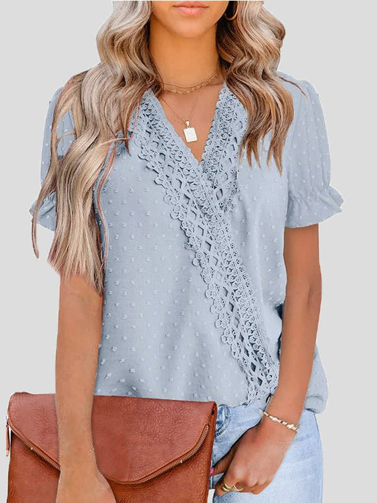 Heidi-Mode | Damen Blusen V-Ausschnitt Jacquard Punkt Spitze Kurzarm Bluse