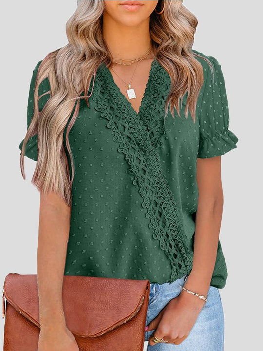 Heidi-Mode | Damen Blusen V-Ausschnitt Jacquard Punkt Spitze Kurzarm Bluse