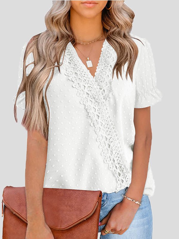 Heidi-Mode | Damen Blusen V-Ausschnitt Jacquard Punkt Spitze Kurzarm Bluse