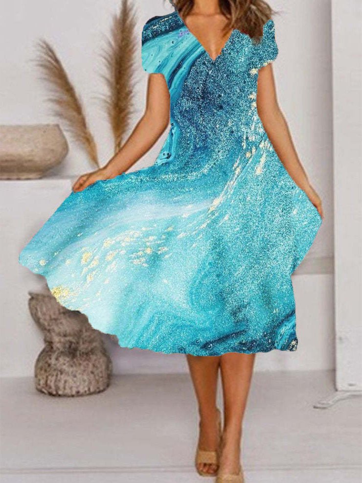 Heidi-Mode | Damenkleider Kunstdruck V-Ausschnitt Kurzarm Kleid