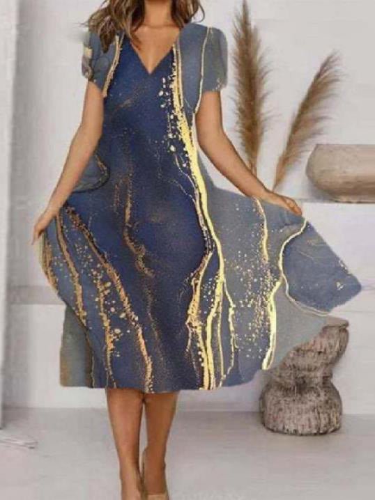 Heidi-Mode | Damenkleider Kunstdruck V-Ausschnitt Kurzarm Kleid