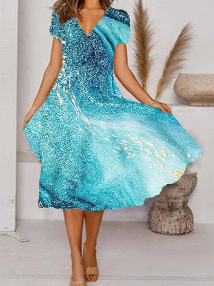 Heidi-Mode | Damenkleider Kunstdruck V-Ausschnitt Kurzarm Kleid