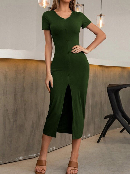 Heidi-Mode | Damen Kleider Knopf Kurzarm Slim Fit Schlitz Strickkleid
