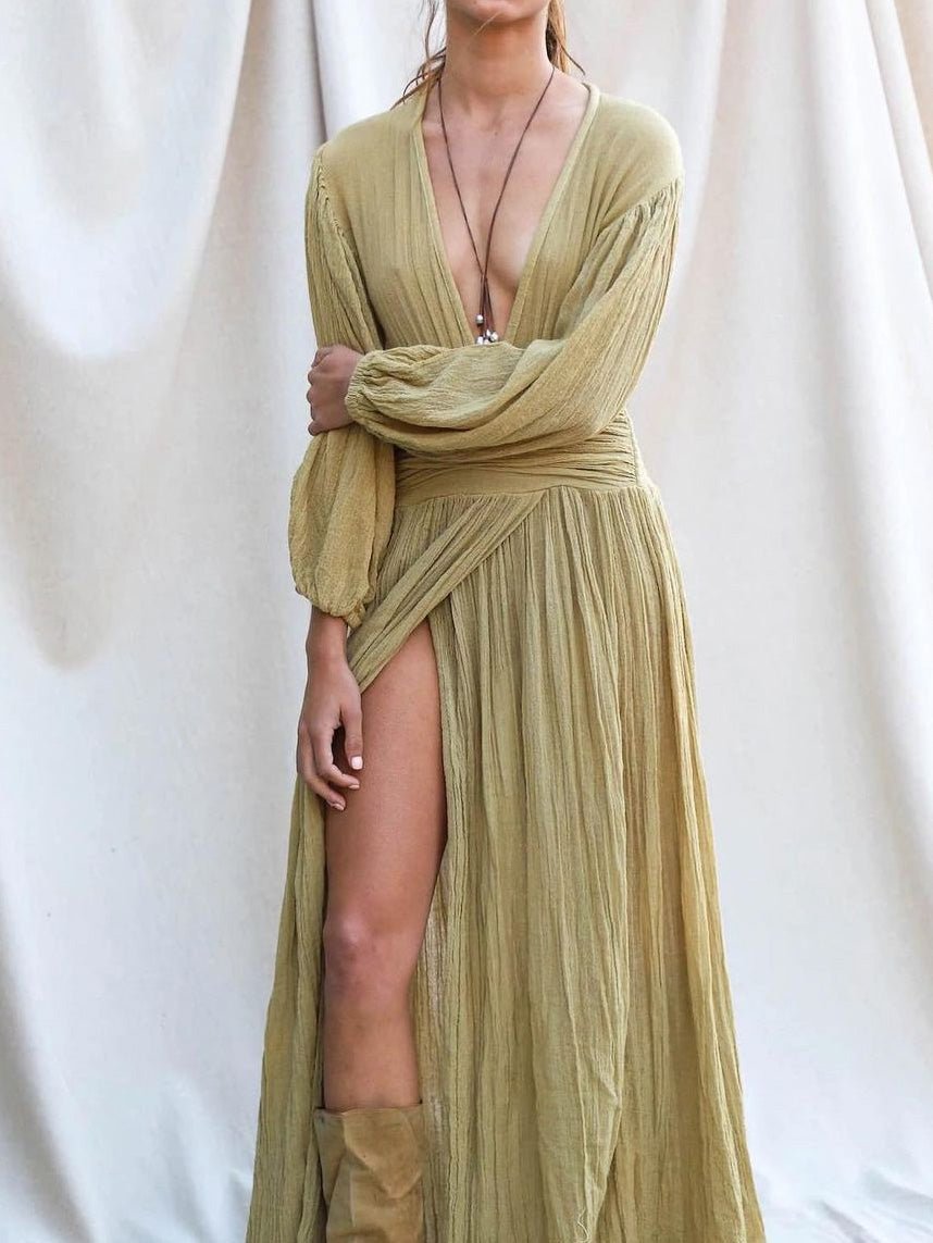 Heidi-Mode | Damen Kleider Baumwolle Leinen V-Ausschnitt Ballonärmel Schlitz Kleid