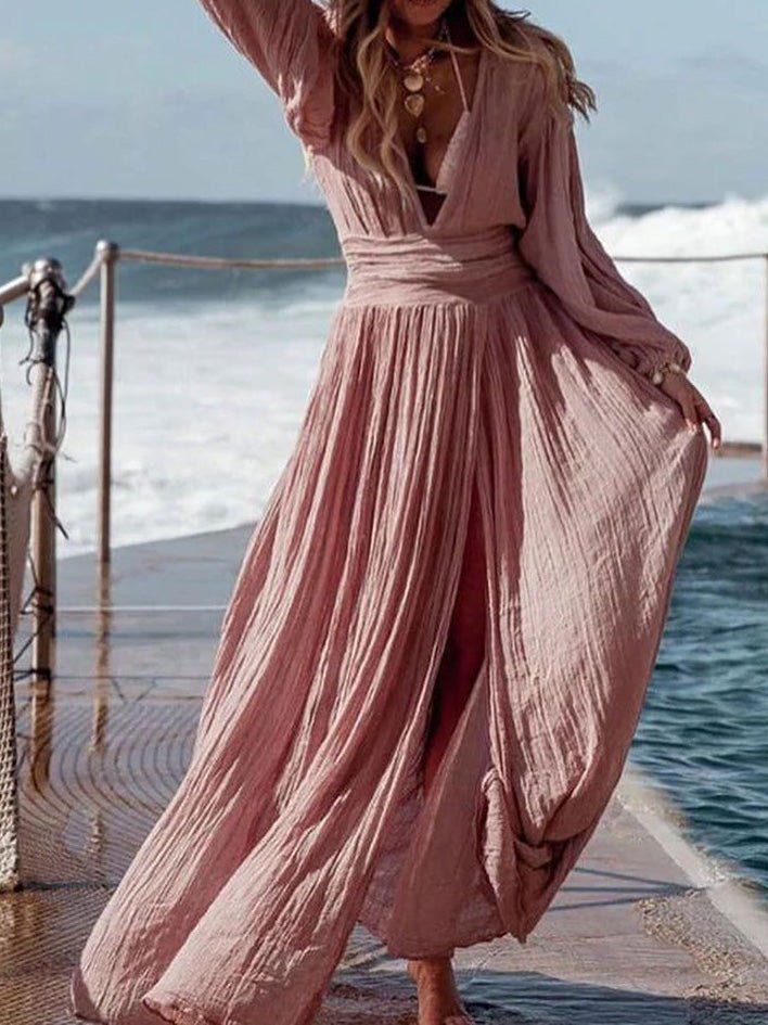 Heidi-Mode | Damen Kleider Baumwolle Leinen V-Ausschnitt Ballonärmel Schlitz Kleid
