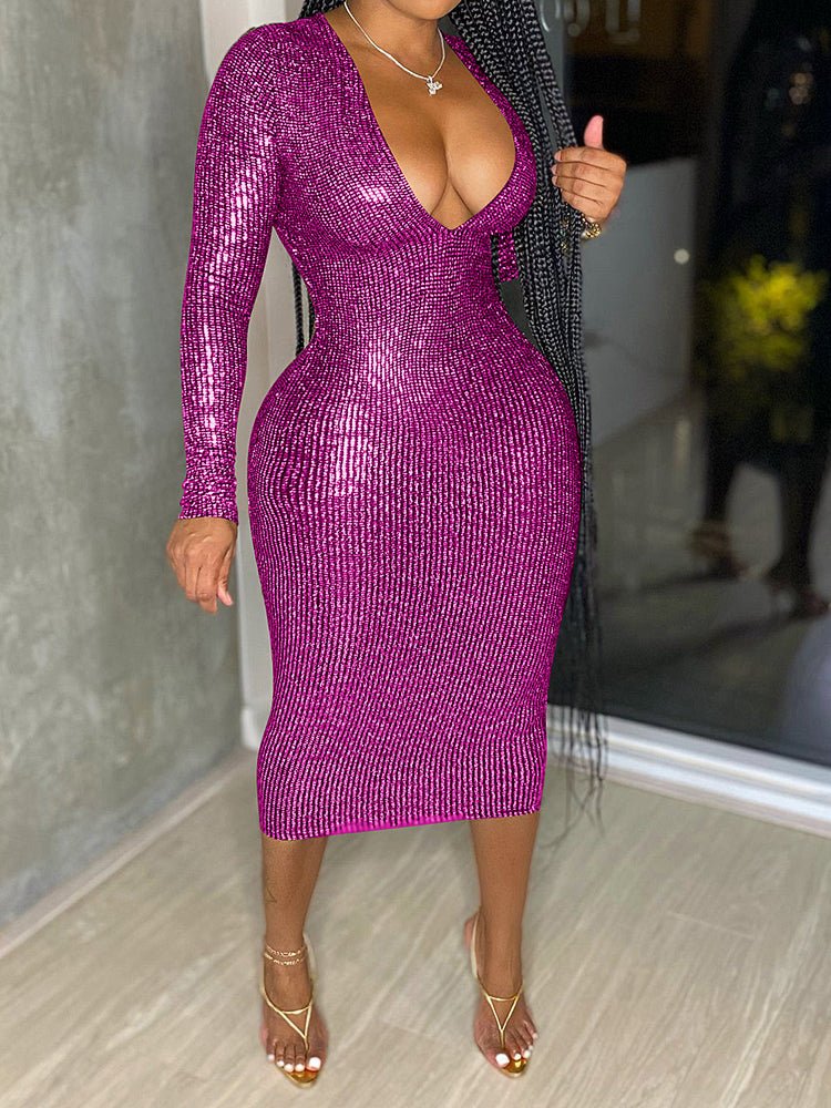 Heidi-Mode | Damen Kleider Mode Tiefe V-Bronze Sexy Midi Kleid