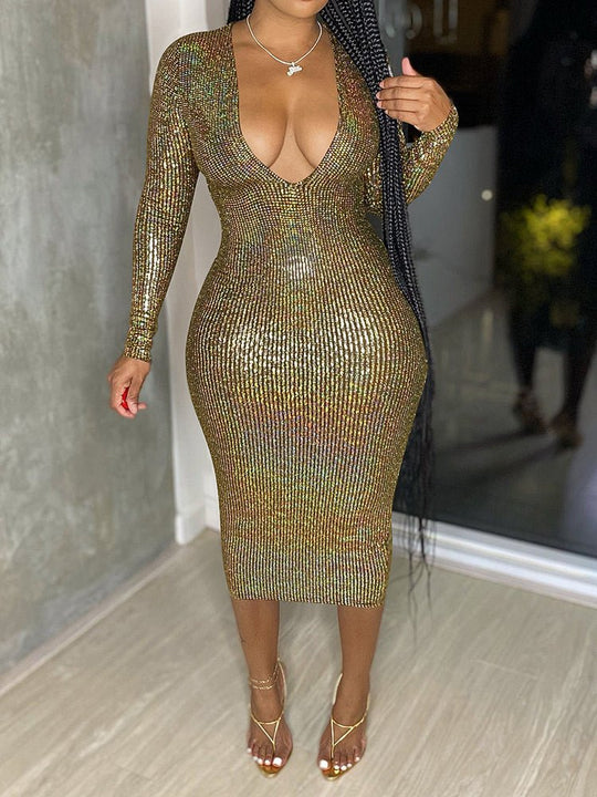 Heidi-Mode | Damen Kleider Mode Tiefe V-Bronze Sexy Midi Kleid