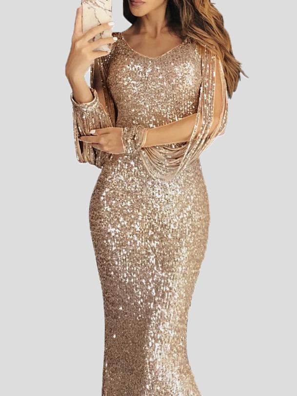 Heidi-Mode | Damen Kleider Fransen Langarm Wickel Abendkleid