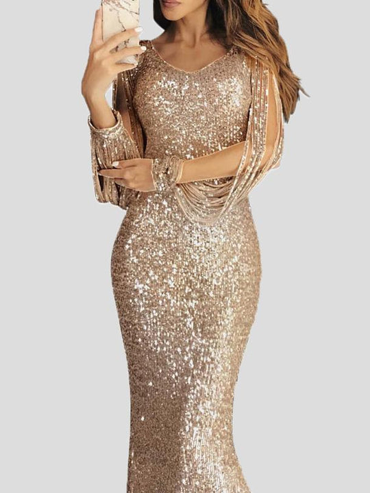 Heidi-Mode | Damen Kleider Fransen Langarm Wickel Abendkleid