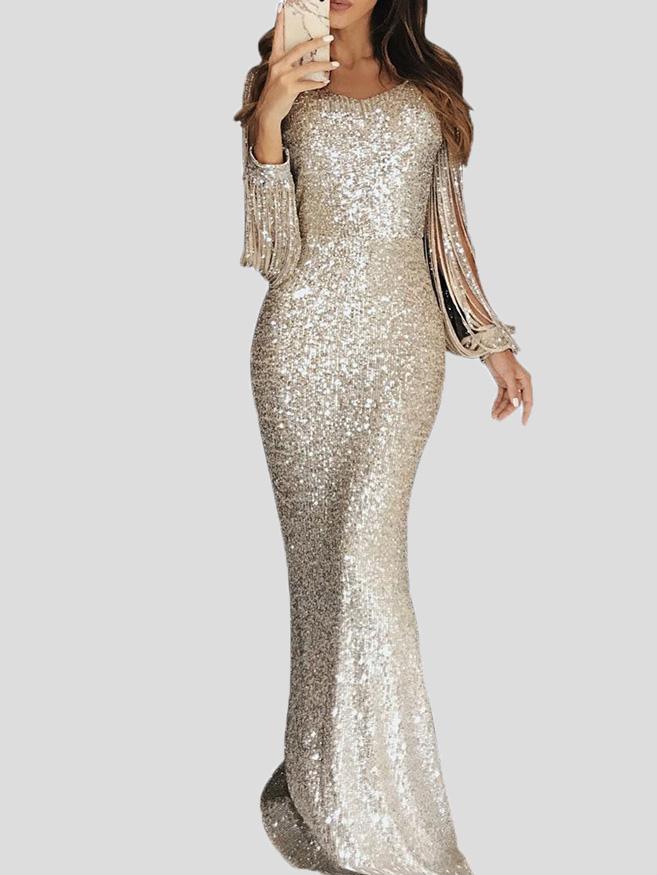 Heidi-Mode | Damen Kleider Fransen Langarm Wickel Abendkleid