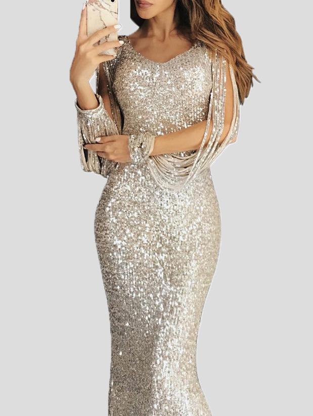 Heidi-Mode | Damen Kleider Fransen Langarm Wickel Abendkleid