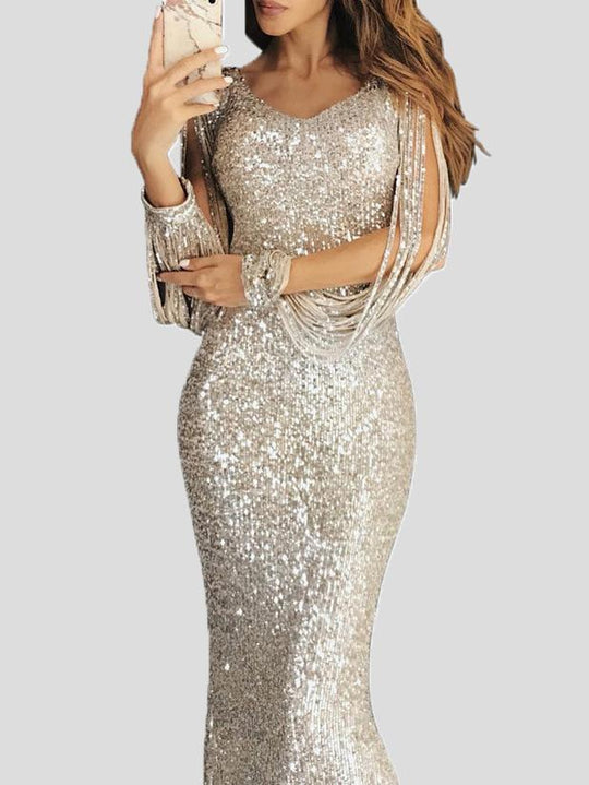 Heidi-Mode | Damen Kleider Fransen Langarm Wickel Abendkleid