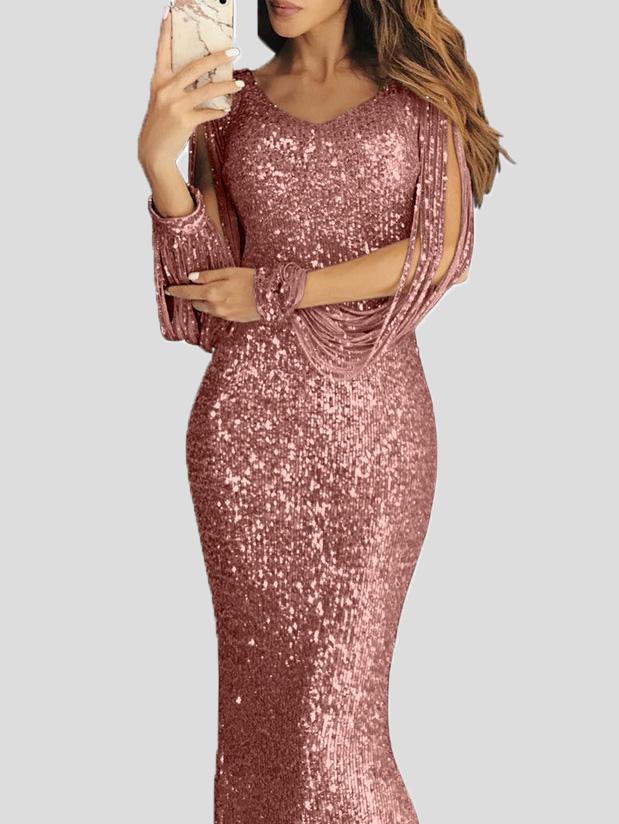 Heidi-Mode | Damen Kleider Fransen Langarm Wickel Abendkleid