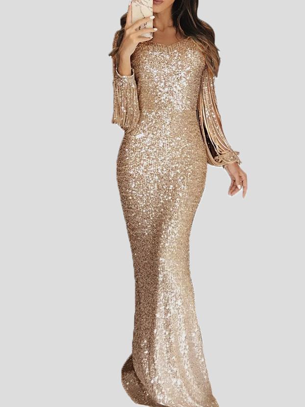 Heidi-Mode | Damen Kleider Fransen Langarm Wickel Abendkleid