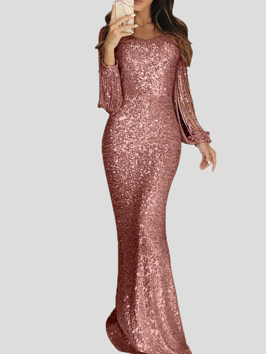 Heidi-Mode | Damen Kleider Fransen Langarm Wickel Abendkleid