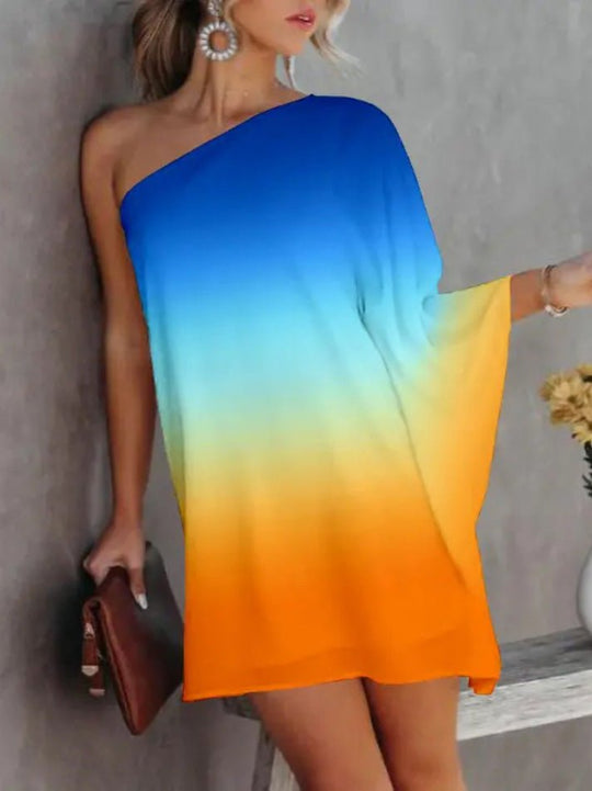 Heidi-Mode | Frauen Kleider Gradient Ein Schulter Lässig Kleid