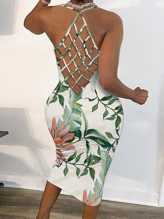 Heidi-Mode | Frauen Kleider Neckholder Print Offene Rücke Schmale Kleid
