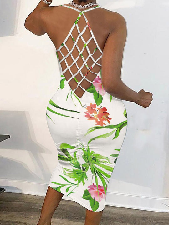 Heidi-Mode | Frauen Kleider Neckholder Print Offene Rücke Schmale Kleid