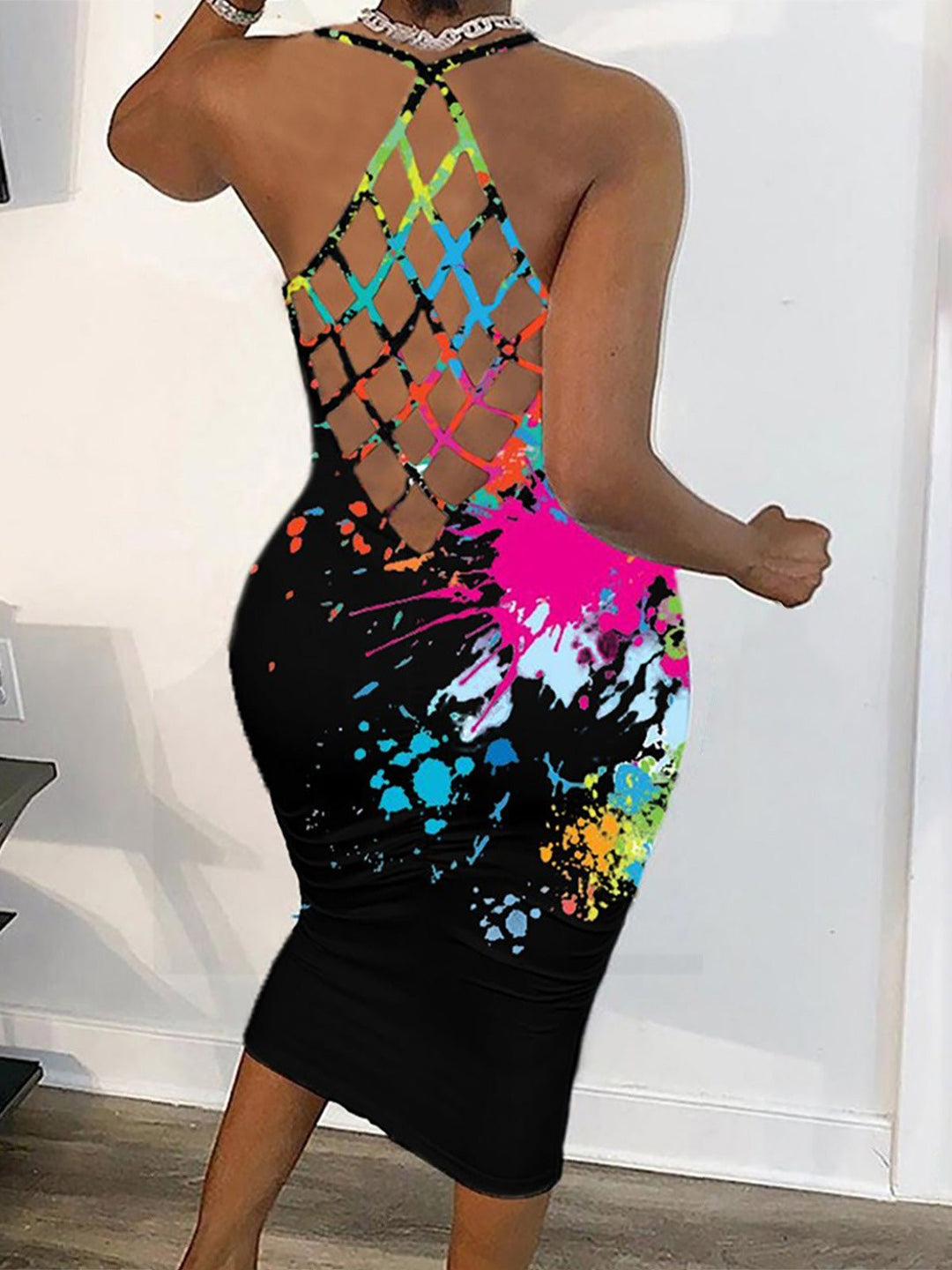 Heidi-Mode | Frauen Kleider Neckholder Print Offene Rücke Schmale Kleid