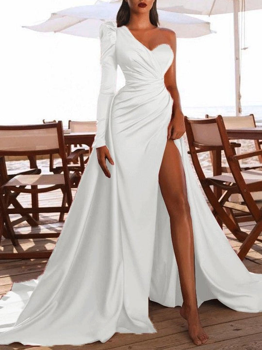 Heidi-Mode | Damen Kleider Lange Ärmel Ein Schulter Hoher Schlitz Fest Abend Kleid