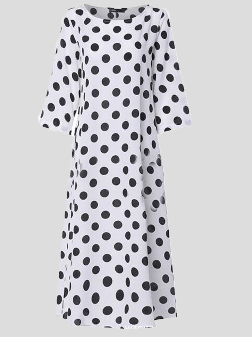 Heidi-Mode | Frauen Kleider Polka Punkte Rundhals Mittel Ärmel Tasche Kleid