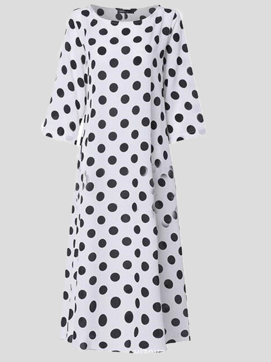 Heidi-Mode | Frauen Kleider Polka Punkte Rundhals Mittel Ärmel Tasche Kleid