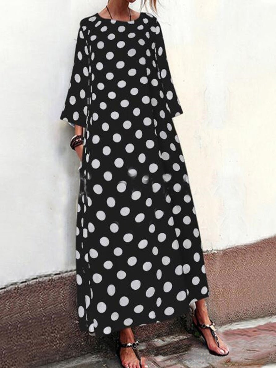 Heidi-Mode | Frauen Kleider Polka Punkte Rundhals Mittel Ärmel Tasche Kleid