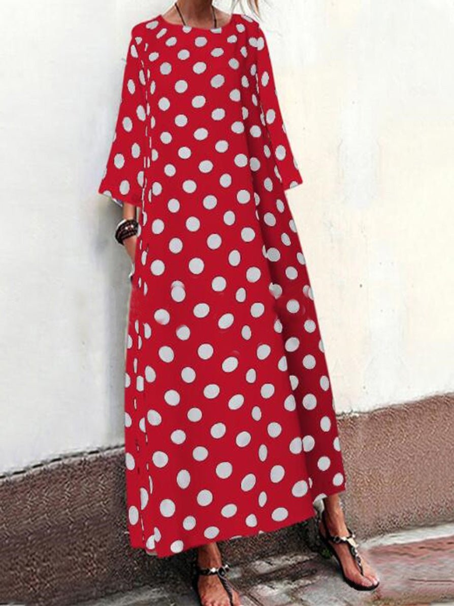 Heidi-Mode | Frauen Kleider Polka Punkte Rundhals Mittel Ärmel Tasche Kleid