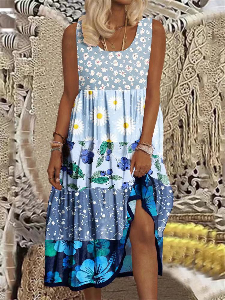 Heidi-Mode | Damen Kleider Print Rundhals Ärmellos Kleid
