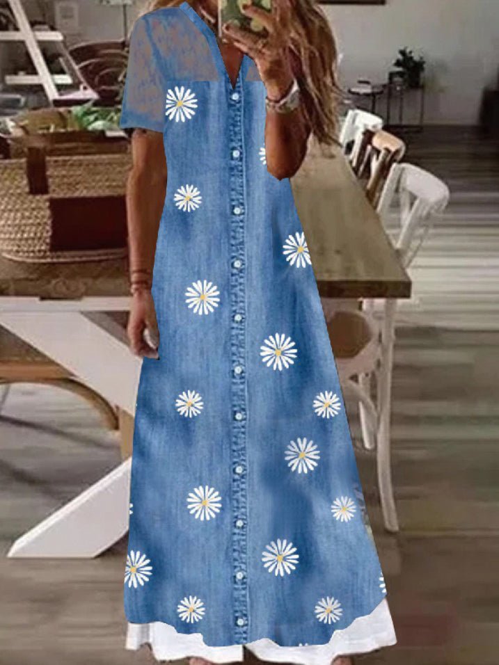 Heidi-Mode | Frauen Kleider Bedruckte Spitze Panel Denim Schlanke Kleid