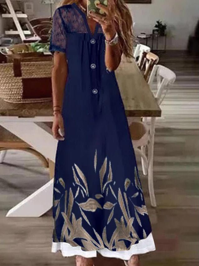 Heidi-Mode | Frauen Kleider Bedruckte Spitze Panel Denim Schlanke Kleid