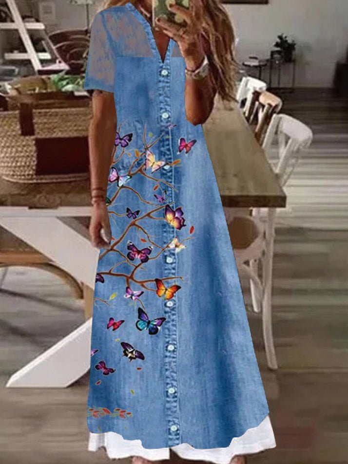 Heidi-Mode | Frauen Kleider Bedruckte Spitze Panel Denim Schlanke Kleid