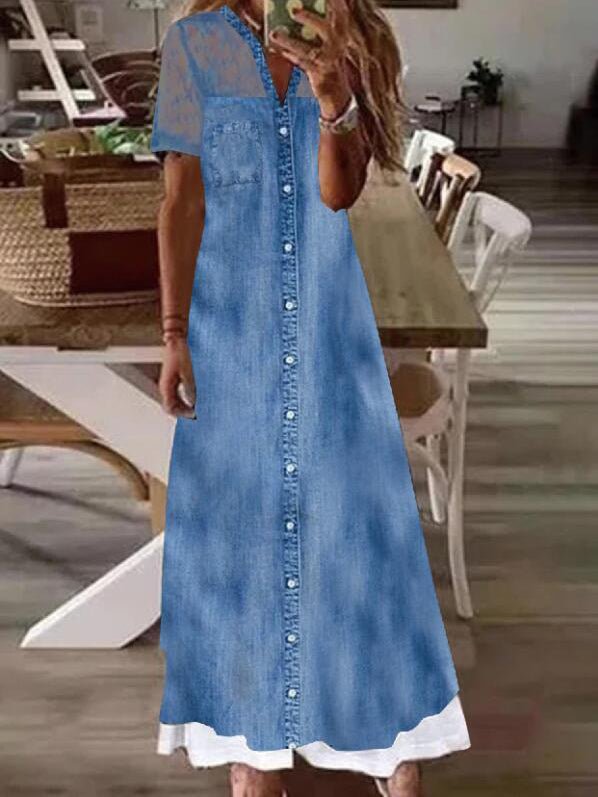 Heidi-Mode | Frauen Kleider Bedruckte Spitze Panel Denim Schlanke Kleid