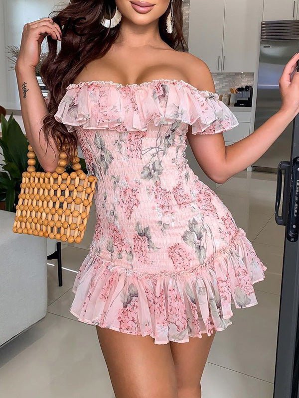 Heidi-Mode | Damen Kleider Gedruckte Ein-Schulter Chiffon Rüsche Kleid