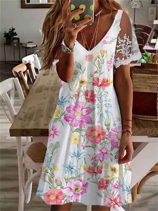 Heidi-Mode | Kleid mit Spitzenärmeln und V-Ausschnitt Print Design