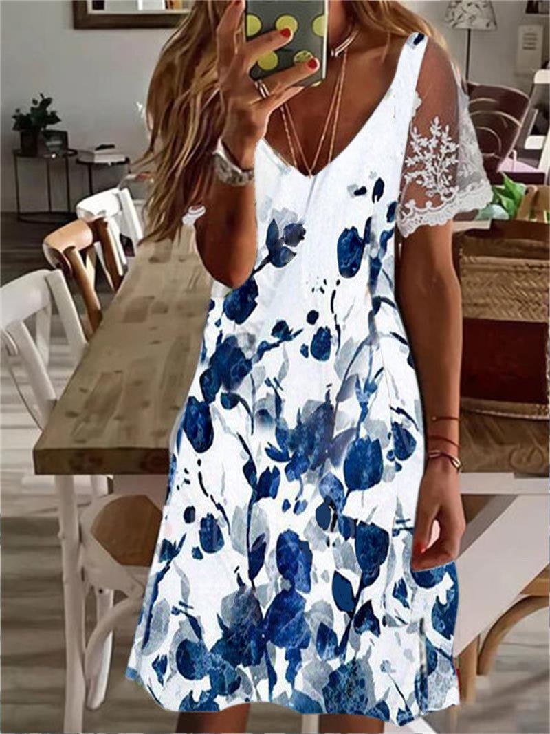 Heidi-Mode | Kleid mit Spitzenärmeln und V-Ausschnitt Print Design