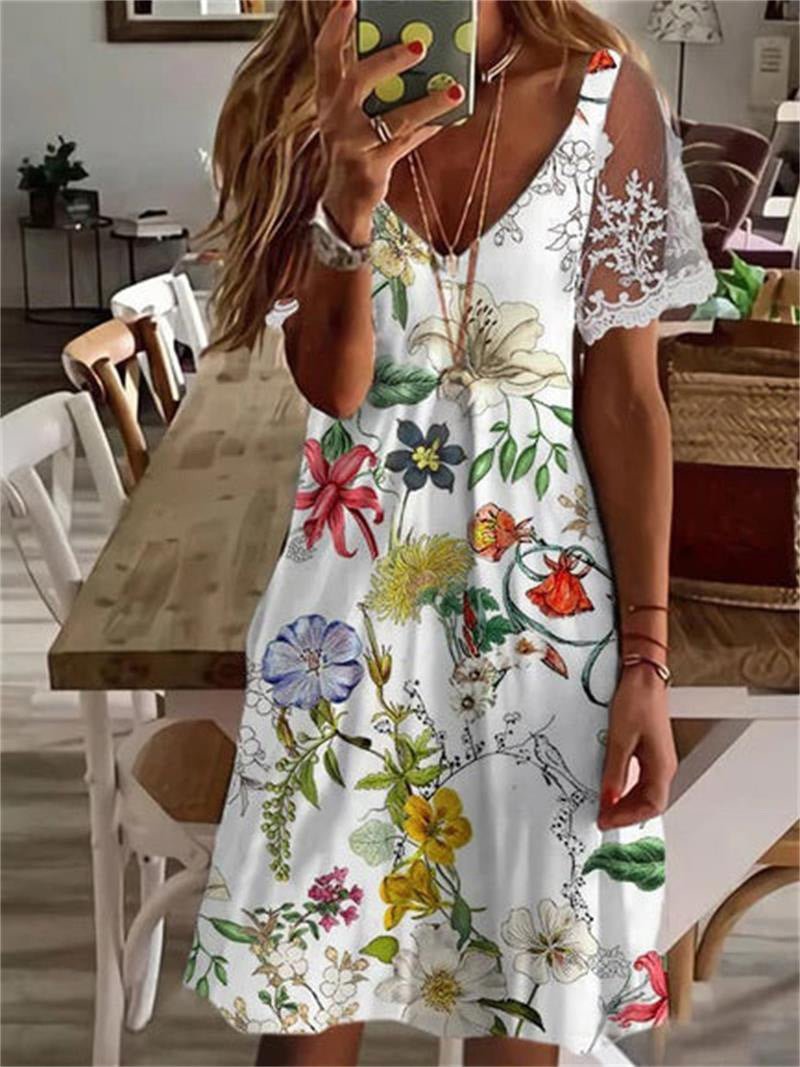 Heidi-Mode | Kleid mit Spitzenärmeln und V-Ausschnitt Print Design