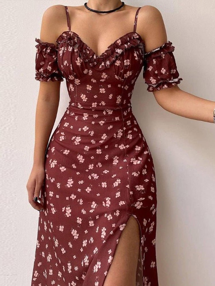 Heidi-Mode | Damen Kleider Sling Blumen Off Shoulder Schlitz Kleid