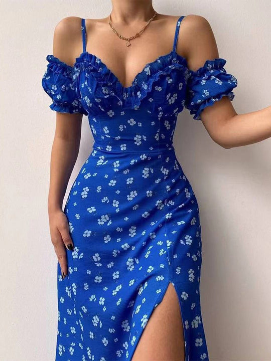 Heidi-Mode | Damen Kleider Sling Blumen Off Shoulder Schlitz Kleid